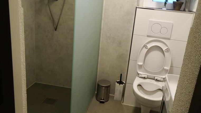 Une salle de bain moderne avec douche à l'italienne et toilettes.