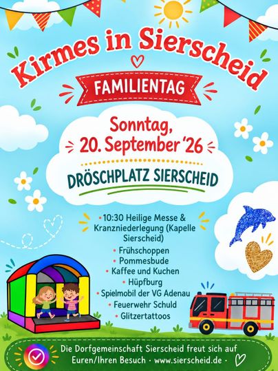 Ein bunter Flyer für die Kirmes in Sierscheid. Er zeigt den Familientag mit verschiedenen Aktivitäten und Informationen zum Veranstaltungsdatum und -ort.