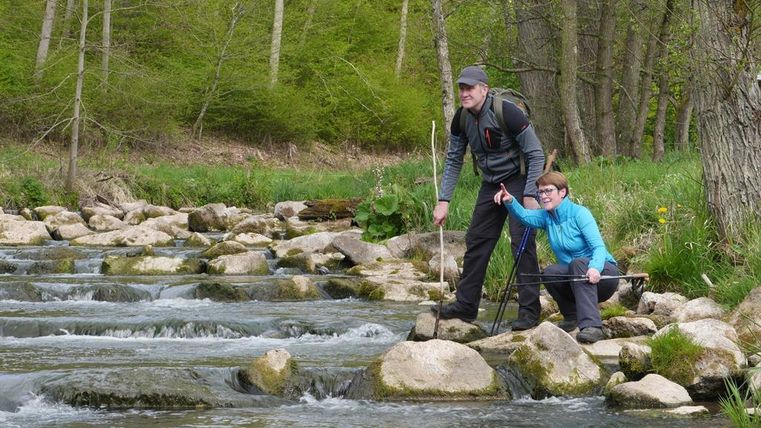 An adult and a child are standing by a clear stream and observing the water. They are wearing comfortable clothing and seem to be enjoying nature.