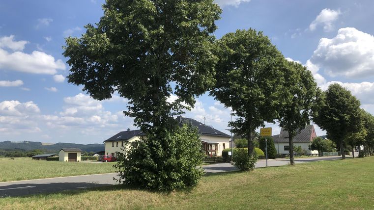 Une scène rurale avec plusieurs arbres et une maison résidentielle en arrière-plan. Le ciel est bleu avec quelques nuages et l'environnement est vert.