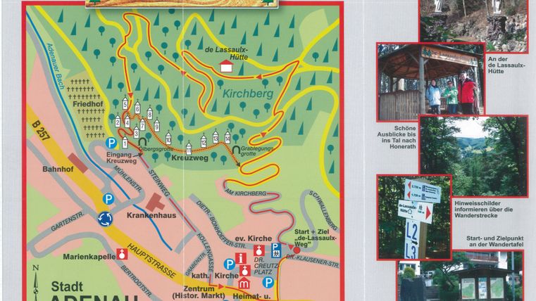 Karte des Clemens-de-Lassaux-Wegs in Adenau mit Wanderroute und Sehenswürdigkeiten.