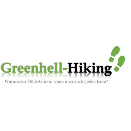 Logo de Greenhell-Hiking avec des empreintes de pas. Le slogan demande pourquoi on devrait aller en enfer quand on peut aussi marcher ?
