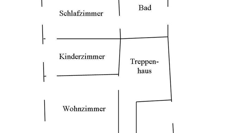 Ein Grundriss einer Wohnung mit verschiedenen Räumen. Die Räume sind Schlafzimmer, Kinderzimmer, Wohnzimmer, Bad und Treppenhaus.