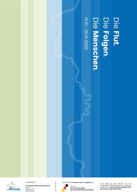 A minimalist design with vertical stripes of color in blue and green. The text addresses the flood, its consequences, and the affected people.