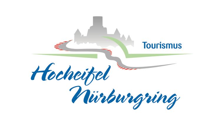 A logo for tourism in HochEifel, with the Nürburgring in the background. It features a stylized representation of the track and a castle.