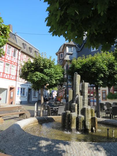 Ein schöner Stadtplatz mit einem Brunnen und gepflegten Bäumen. Im Hintergrund sind historische Gebäude zu sehen.