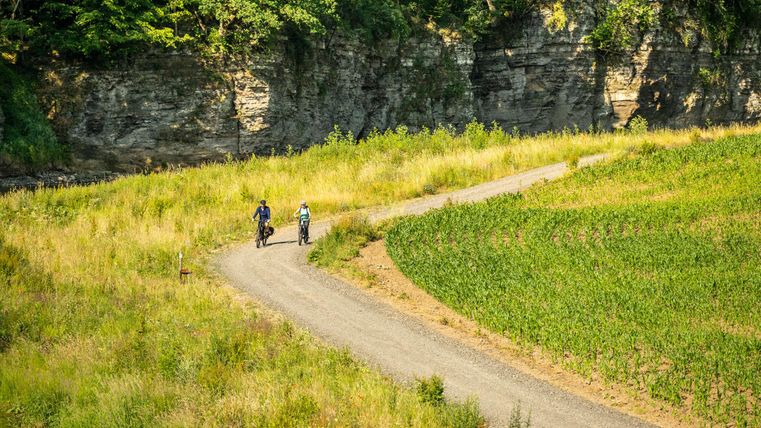 Zwei Fahrradfahrer fahren auf einem kurvenreichen Weg durch eine grüne Landschaft. Im Hintergrund sind Felsen und eine abwechslungsreiche Vegetation sichtbar.
