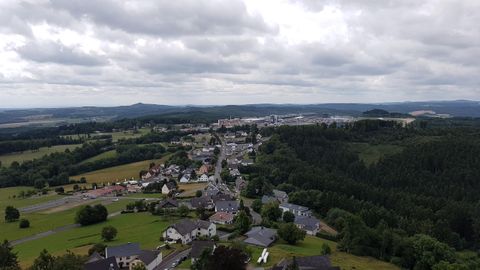 Eine malerische Landschaft mit einer kleinen Stadt und umgebenden Wäldern. Der Himmel ist bewölkt und die Umgebung wirkt ruhig und einladend.
