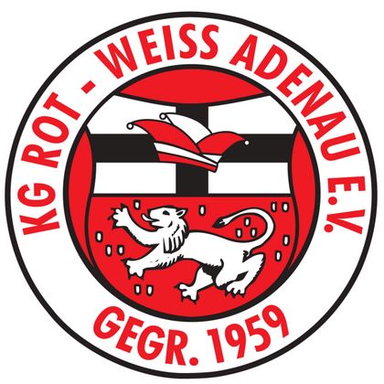 Ein Wappen des Vereins KG Rot-Weiß Adenau e.V. mit einem Löwen und einem stilisierten Kreuz. Das Design ist rot, schwarz und weiß und enthält das Gründungsjahr 1959.
