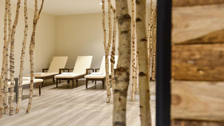 Een heldere ontspanningsruimte met ligbedden en berkenstammen. De vloer is van hout en creëert een rustgevende sfeer.