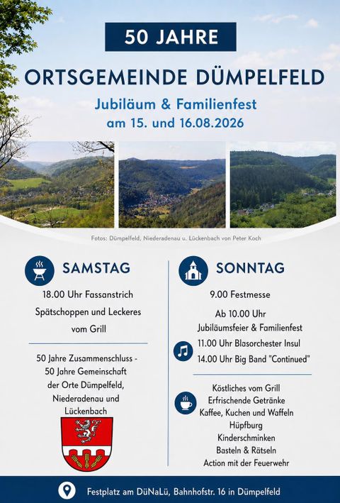 Ein Flyer für das 50-jährige Jubiläum der Ortsgemeinde Dämpelfeld. Das Fest findet am 15. und 16. August 2026 statt und bietet verschiedene Aktivitäten für die ganze Familie.
