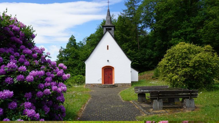 A small white chapel surrounded by greenery and colorful flowers. In the foreground, there is a wooden bench.