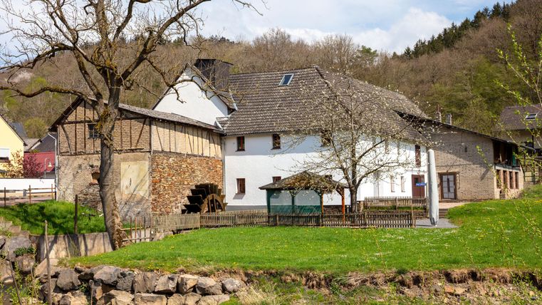 Ein idyllisches Landhaus mit traditionellen Bauweisen. Im Vordergrund liegt eine grüne Wiese neben einem kleinen Gewässer.
