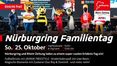 Ein Familientag am Nürburgring mit verschiedenen Charakteren in Kostümen. Der Tag bietet spannende Aktivitäten wie Fußballtricks und kindgerechte Unterhaltung.