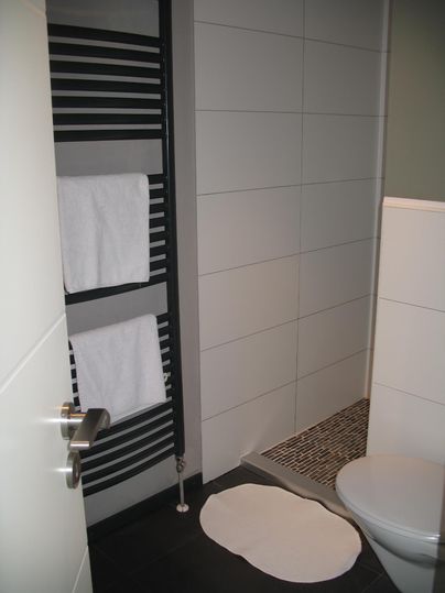 Ein modernes Badezimmer mit weißen Fliesen. Es gibt einen Handtuchhalter und eine Toilette.