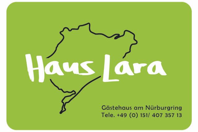 A green card with the inscription "Haus Lara" and an outline sketch of a region. Below are the details of the guesthouse and a phone number.
