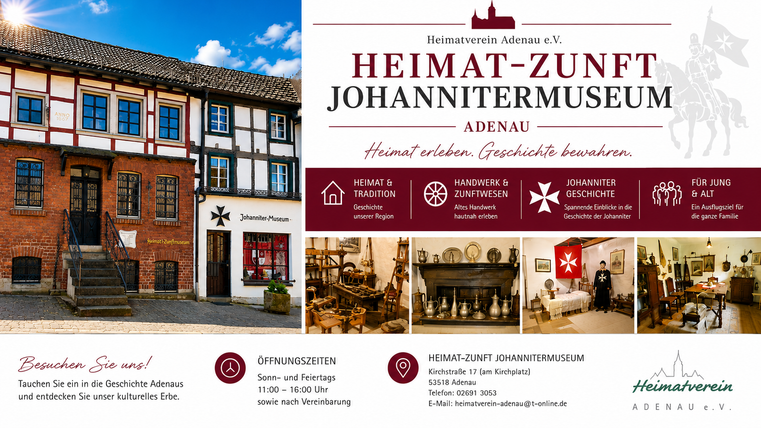 L'image montre le musée des Johannites à Adenau, un bâtiment historique avec une architecture traditionnelle. Des panneaux informatifs invitent les visiteurs à en apprendre davantage sur l'histoire et la culture de la région.