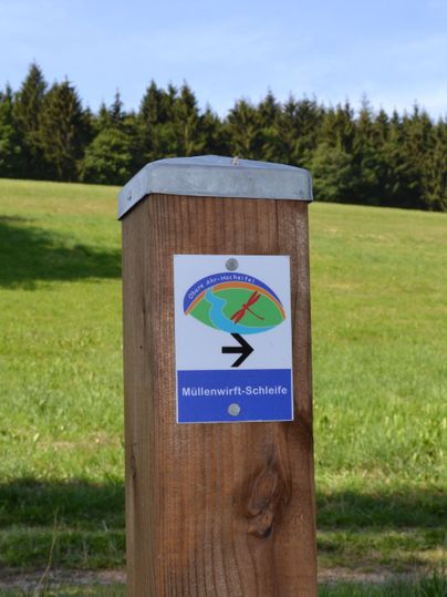Wegweiser für die Müllenwirft-Schleife in einer grünen Landschaft mit Wald im Hintergrund.