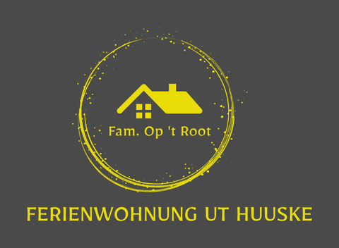 Een eenvoudig, modern logo voor een vakantiehuis. De naam "Ferienwohnung ut Huuske" is helder en duidelijk in het geel op een grijze achtergrond geschreven.