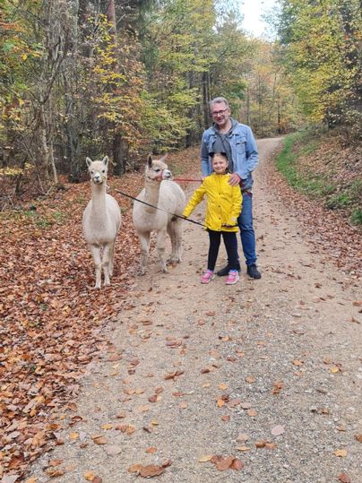 Ein Mann und ein Mädchen stehen auf einem sandigen Weg in einem Wald. Sie führen zwei Alpakas an der Leine.