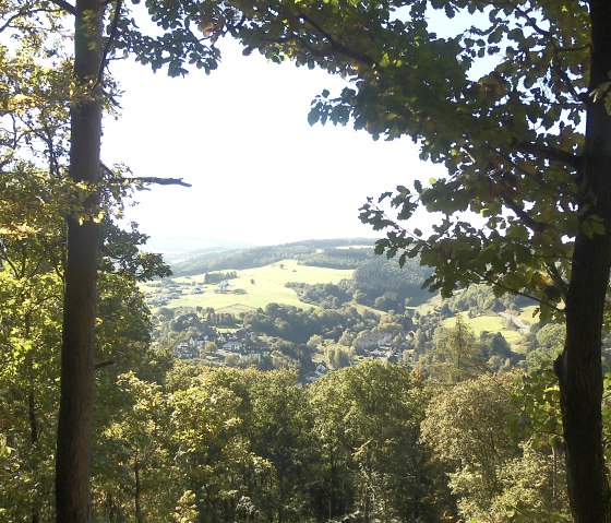 View of Adenau from the Clemens de Lassaulx hut, through the trees to a green hilly landscape with a village in the background., &copy; Tourist-Information Hocheifel-N&uuml;rburgring