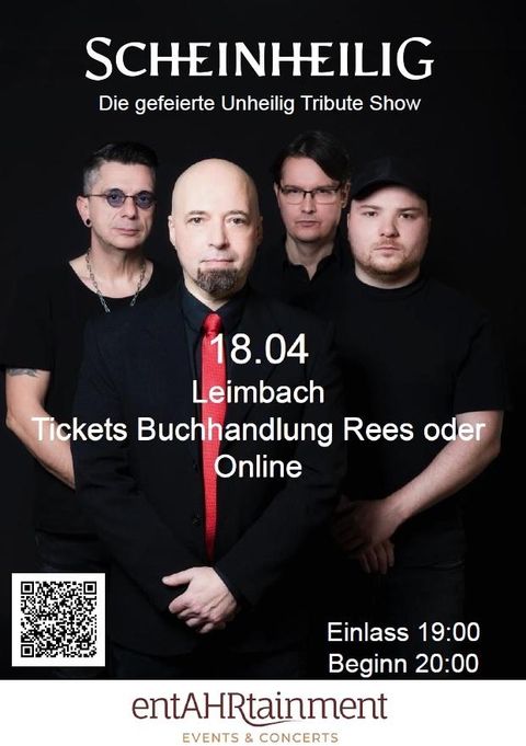 Ein Poster für die Tribute-Show "Scheinheilig" mit vier Musikern auf einem dunklen Hintergrund. Das Event findet am 18. April in Leimbach statt, Tickets sind online oder bei Buchhandlung Rees erhältlich.