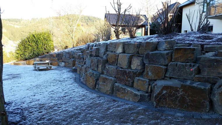 Eine steinerne Mauer in einem winterlichen Garten. Der Boden ist leicht gefroren und die Umgebung ist ruhig und natürlich.