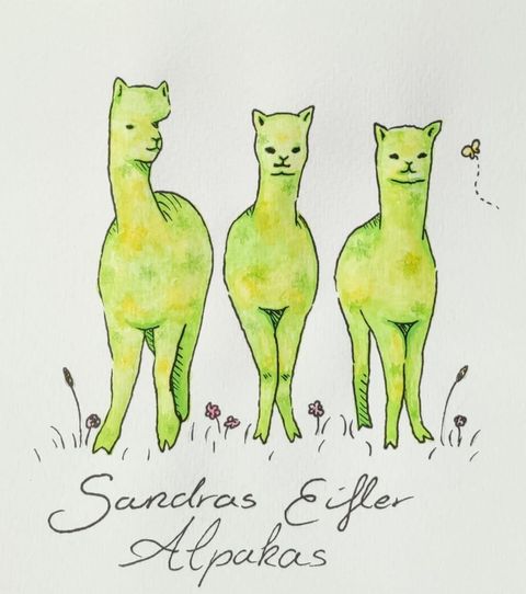 Drei grüne Alpakas stehen auf einer Wiese mit bunten Blumen. Über ihnen schwirrt eine Biene.