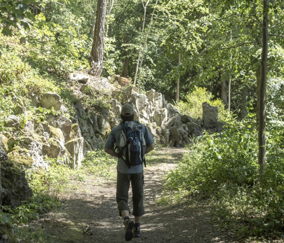 Ein Wanderer mit Rucksack geht auf einem schattigen Waldweg entlang, umgeben von &uuml;ppigem Gr&uuml;n und Felsen., &copy; VG Adenau&copy;Kappest