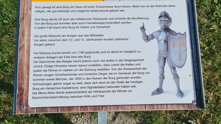 Informationsschild über die Nürburg mit Bild der Burg und Ritterillustration.