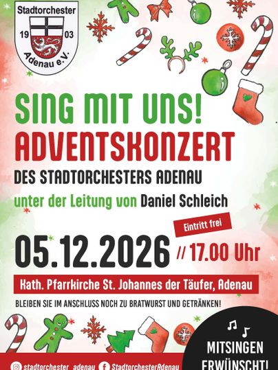 Ein Plakat für ein Adventskonzert in Adenau. Das Konzert findet am 6. Dezember 2025 in der Pfarrkirche St. Johannes der Täufer statt und ist kostenlos.