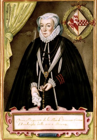 Portrait of a woman in historical dress with lace collar, coat of arms in the background. She is holding a scarf and wearing a necklace.