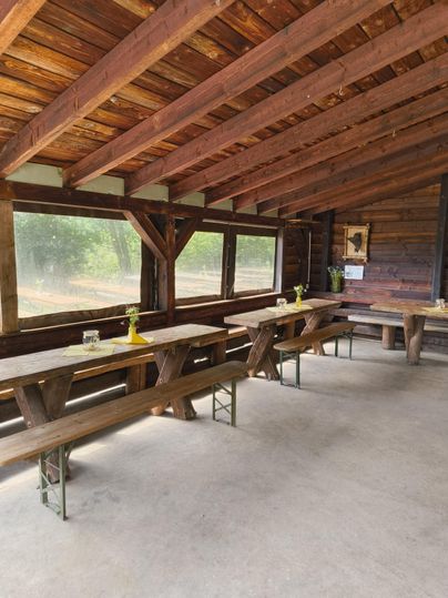 A rustic interior with wooden tables and benches. Large windows allow plenty of light in and offer a view of the greenery.