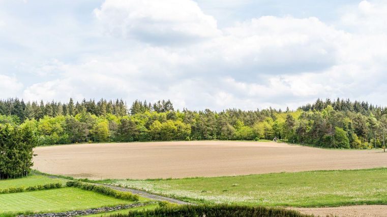Een uitgestrekt veld met vruchtbare grond en weelderige, groene boomrand. De lucht is gedeeltelijk bewolkt en geeft het landschap een rustige sfeer.