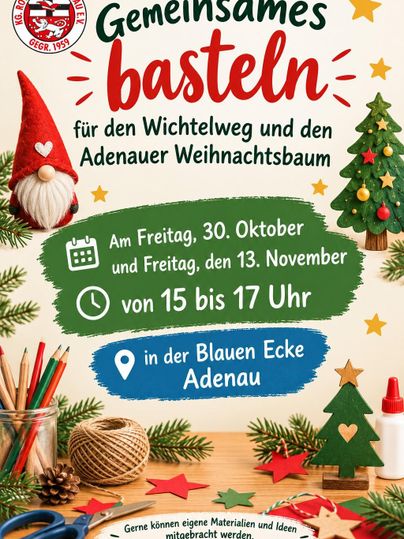 Een uitnodigende poster voor een knutselactiviteit in Adenau. Het toont verschillende kerstversieringen en informatie over de data en de locatie van het evenement.