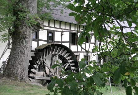 A large mill wheel on a half-timbered house, surrounded by trees and green vegetation., © Tourist-Information Hocheifel Nürburgring