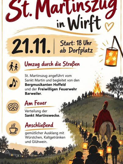 Ein Plakat für den St. Martinszug in Wirft am 21. November. Es zeigt einen Umzug mit Laternen, ein Feuer und Aktivitäten für die Teilnehmer.