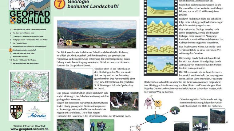 An informative brochure about geology and landscape. It displays a landscape with different geological formations and explanations of the geological processes.