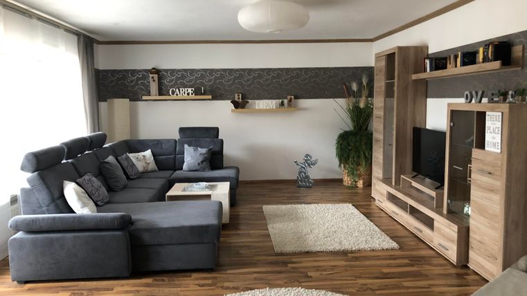 Een moderne woonkamer met een grijze bank en houten meubels. De ruimte is licht en gezellig ingericht.