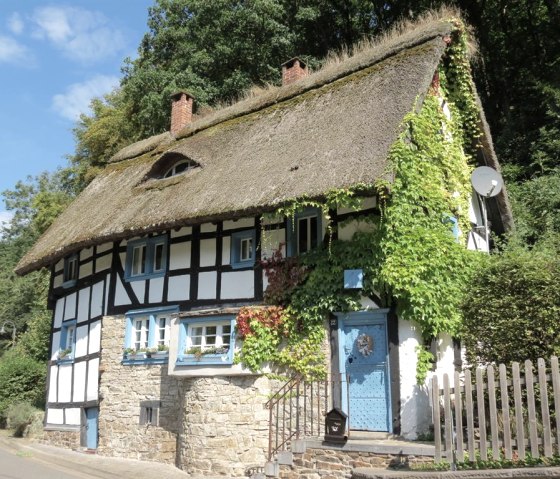 Half-timbered house with thatched roof in Eichenbach, surrounded by trees. The fa&ccedil;ade is overgrown with ivy, blue shutters and a blue door are visible.