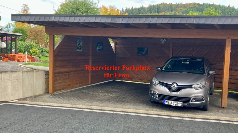 Une place de parking réservée pour une Renault sous un auvent en bois. En arrière-plan, des arbres et une zone verte sont visibles.