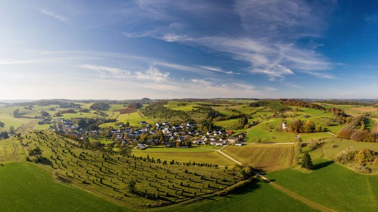 Landschaftsansicht von Alendorf und Kalvarienberg in der Eifel mit grünen Feldern und blauem Himmel.