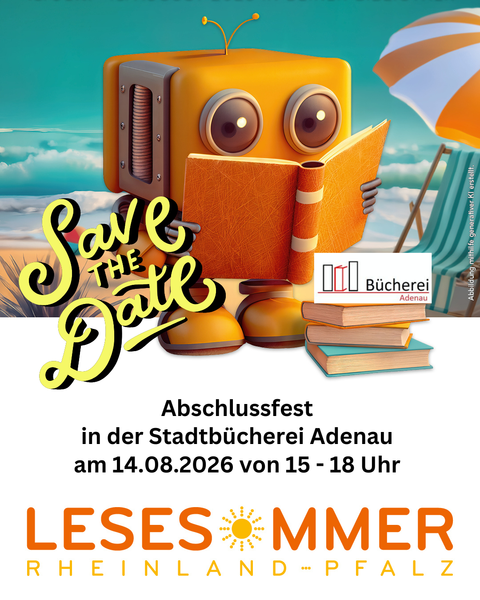 Eine bunte Illustration mit einem freundlichen Roboter, der ein Buch hält. Der Hintergrund zeigt eine sommerliche Szenerie mit Möbeln und einer Einladung zu einem Abschlussfest in der Stadtbücherei Adenau.