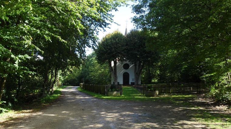 A quiet path leads to a small church, surrounded by trees. The sun shines through the green canopy of leaves.