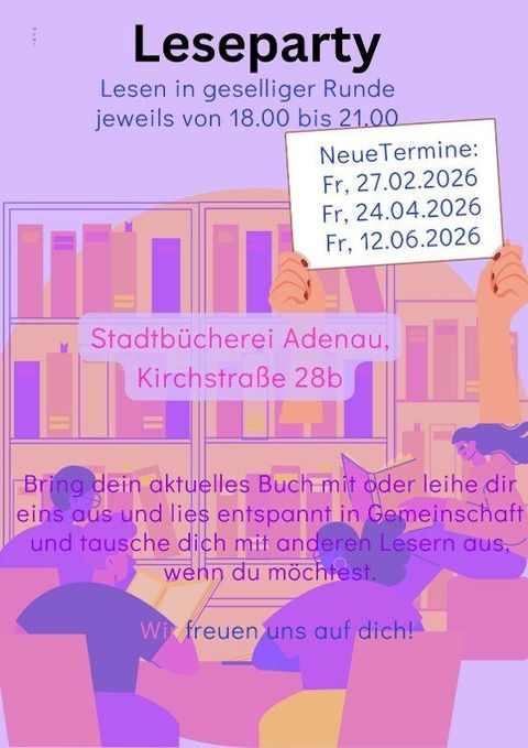 Ein Werbeplakat für eine Leseparty mit einem einladenden Design. Die Veranstaltung findet in der Stadtbücherei Adenau statt und lädt zum gemeinsamen Lesen und Austausch ein.