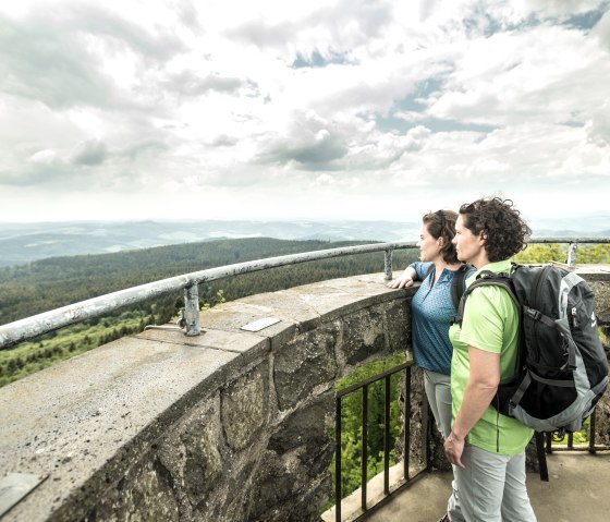 Zwei Personen auf einem Aussichtsturm genießen den Blick über die bewaldete Landschaft der Eifel unter bewölktem Himmel.