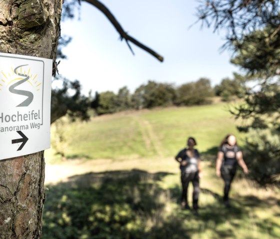 Schild des Hocheifel Panorama Wegs an einem Baum, zwei Wanderer im Hintergrund auf einem grünen Pfad., © TI Hocheifel-Nürburgirng©BaumannFotografie