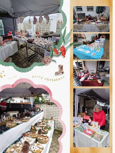 Ein weihnachtlicher Markt mit mehreren Ständen, die Handwerkswaren und Geschenke anbieten. Im Vordergrund steht eine Frau, die an einem der Stände arbeitet.