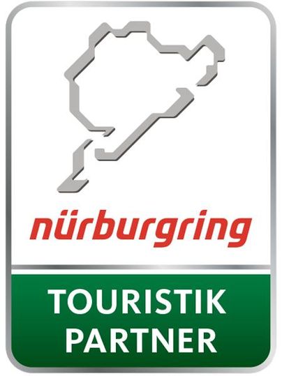 Logo of the Nürburgring with the inscription "Touristik Partner". It features a stylized map of the racetrack in connection with the brand name.