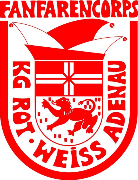 A coat of arms of the fanfare corps with red and white colors. It features a lion and a stylized hat.